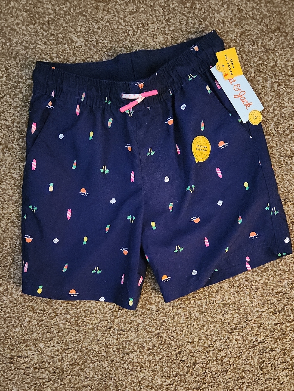 Cat & Jack Navy Blue Swim Trunks with Multicolor Tropical Print